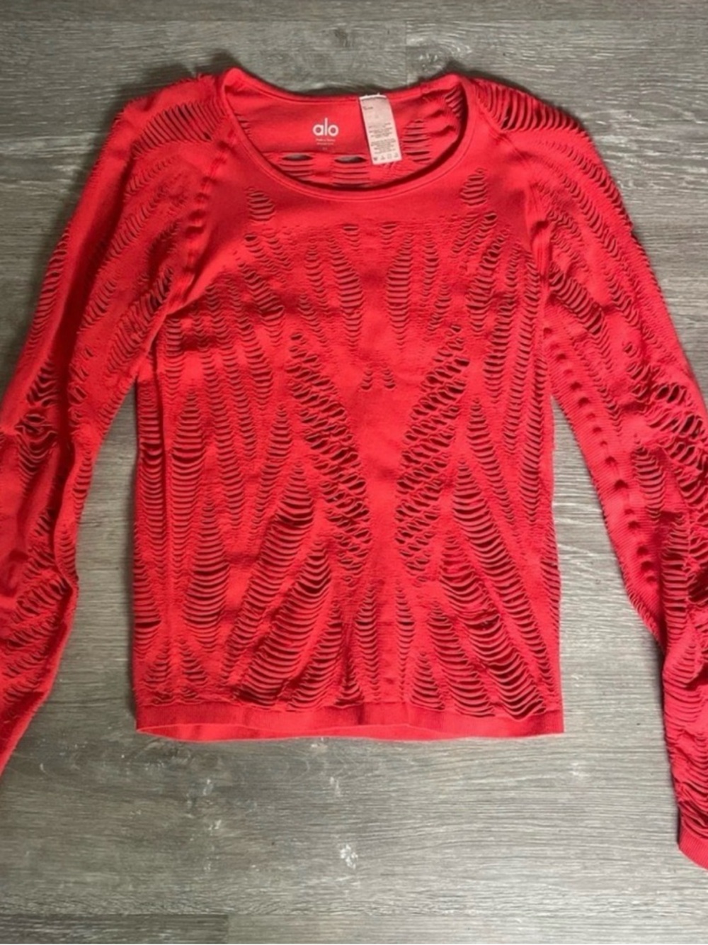 ALO Yoga Red Distressed Long Sleeve Pullover